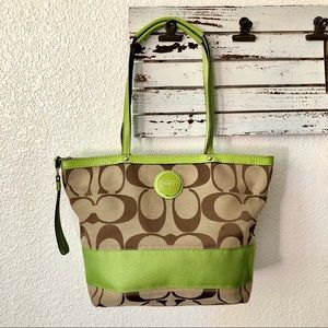 Authentic COACH Signature F15112 Brown Green Stripe Jacquard Tote with COA.